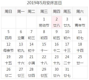 农历三月廿八 星期四 冲蛇(己巳)煞西二,2019年5月安床吉日具体黄历宜