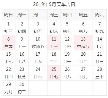 2019年9月买车提车吉日查询