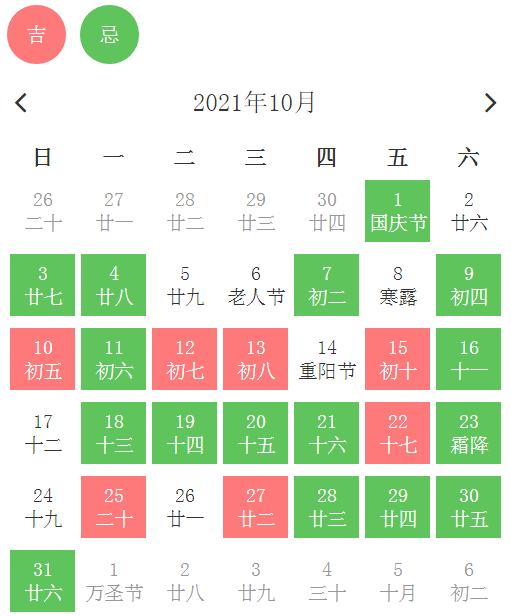 一,2021年10月适合修造动土的吉日公元2021年10月10日 农历九月初五