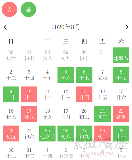 2020年8月黃道吉日一覽表