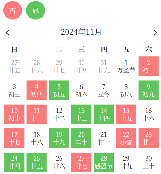 2024年11月开业吉日一览表